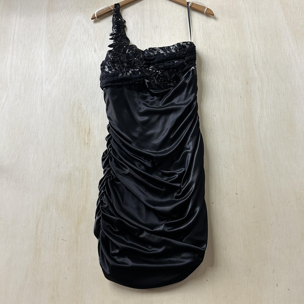 B Smart Y2K Dress Womens 13 Black One Shoulder Sequin Lace Ruched Bodycon Short